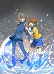  2boys aofujiake ball blue_eyes blurry bokeh brown_hair depth_of_field gakuran inazuma_eleven_(series) inazuma_eleven_go looking_back male matsukaze_tenma multiple_boys raimon raimon_school_uniform raimon_soccer_uniform red_eyes school_uniform shindou_takuto soccer_ball soccer_uniform sportswear telstar water 