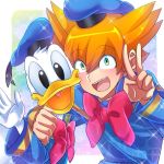  2boys bust cosplay crossover disney donald_duck donald_duck_(cosplay) green_eyes hat inazuma_eleven_(series) inazuma_eleven_go inazuma_eleven_go_galaxy looking_at_viewer maian male minaho_kazuto multiple_boys open_mouth orange_hair v 