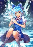  1girl blue_eyes blue_hair bow cirno hair_bow ice ice_wings looking_at_viewer mary_janes shoes short_hair sitting smile snowflakes socks solo sukocchi touhou white_legwear wings 