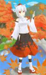  1girl :d akisome_hatsuka animal_ears breasts fall full_body geta hat inubashiri_momiji leaf looking_at_viewer open_mouth red_eyes short_hair smile solo standing tokin_hat touhou white_hair wolf_ears 