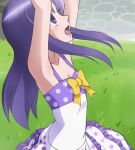  1girl armpits arms_up bow dress female grass happinesscharge_precure! haruyama_kazunori hikawa_iona long_hair open_mouth precure profile purple_hair solo violet_eyes 