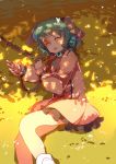  1girl animal_ears brown_dress butterfly chain chained closed_eyes collar dappled_sunlight dress green_hair kasodani_kyouko long_sleeves lying on_side open_mouth sleeping solo touhou yetworldview_kaze 