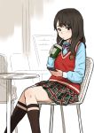  1girl bangs bow bowtie brown_hair brown_legwear cellphone chair cup drinking drinking_straw kneehighs long_hair long_sleeves looking_down original phone plaid plaid_skirt school_uniform shibasaki_shouji sitting skirt smartphone solo straw sweater_vest table 