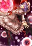 1girl :d akisome_hatsuka ascot bat_wings black_legwear full_moon hat looking_at_viewer mob_cap moon open_mouth purple_hair red_eyes remilia_scarlet shoes short_hair smile solo touhou wings 