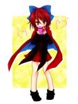  1girl absurdres blush bow cloak covering_mouth full_body hair_bow heart highres hikaru_(632498) holding long_sleeves looking_at_viewer miniskirt pleated_skirt red_eyes redhead sekibanki short_hair skirt solo touhou 
