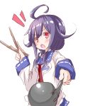  &gt;:o 1girl :o ahoge chopsticks circle_garbage hair_flaps highres kantai_collection ladle long_hair looking_at_viewer necktie open_mouth purple_hair red_eyes school_uniform serafuku sketch solo taigei_(kantai_collection) twintails whale 