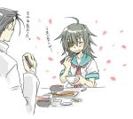  1boy 1girl admiral_(kantai_collection) cherry_blossoms chopsticks comic eating gameplay_mechanics hat kai_(akamekogeme) kantai_collection kiso_(kantai_collection) long_hair military military_uniform naval_uniform school_uniform serafuku smile translation_request uniform 