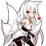  1girl animal_ears blush breasts cleavage detached_sleeves facial_mark fang fox_ears fox_tail heart long_hair lowres multiple_tails open_mouth phantasy_star phantasy_star_online_2 red_eyes silver_hair tail teranekosu thigh-highs 