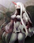  1girl blurry claws depth_of_field dress highres horn kantai_collection long_hair looking_at_viewer red_eyes seaport_hime shinkaisei-kan solo teko white_hair white_skin 
