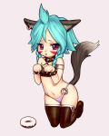  1girl ahoge animal_ears aqua_hair black_legwear bracelet braid collar dog_ears doughnut earrings food g_otto grey_background highres jewelry long_hair lucent_heart navel red_eyes simple_background single_earring solo spiked_bracelet tail thigh_boots thighhighs tongue tongue_out twin_braids 