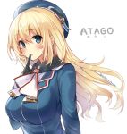  1girl atago_(kantai_collection) black_gloves blonde_hair blue_eyes blush breasts gloves hat kantai_collection large_breasts long_hair looking_at_viewer military military_uniform mishima_kurone open_mouth shiny solo uniform 