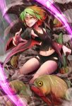  1girl blurry depth_of_field fish gradient_hair grin looking_at_viewer multicolored_hair navel one_eye_closed original personification piranha sharp_teeth short_hair smile teko yellow_eyes 