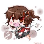  &gt;:d 1girl :d brown_eyes brown_hair chibi hair_ornament holding kantai_collection looking_at_viewer noai_nioshi open_mouth pleated_skirt scarf school_uniform sendai_(kantai_collection) serafuku skirt smile solo torpedo translated two_side_up 