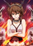  1girl anti_(untea9) bare_shoulders breasts brown_hair crossed_arms gloves green_eyes hairband headgear highres incoming_attack kantai_collection looking_at_viewer midriff mutsu_(kantai_collection) navel short_hair solo turret 
