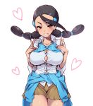  1girl akira_(natsumemo) black_hair blush bowtie braid breasts brown_eyes cleavage clothes_around_waist double_v grin gym_leader hair_ornament hairclip heart large_breasts multi-tied_hair pokemon pokemon_(game) pokemon_dppt shorts smile solo suzuna_(pokemon) sweater_around_waist twin_braids v 