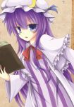  1girl akisome_hatsuka book bow bowtie dress hair_bow hair_ribbon hat holding holding_book long_hair looking_at_viewer mob_cap open_mouth patchouli_knowledge purple_hair ribbon solo striped striped_dress touhou violet_eyes 