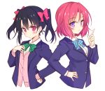  2girls blazer blush bow bust cardigan hair_bow hand_on_hip hand_on_own_chest hayakawa_harui looking_at_viewer love_live!_school_idol_project multiple_girls nishikino_maki open_blazer open_clothes pink_eyes pink_hair pointing pointing_up school_uniform short_hair twintails violet_eyes white_background yazawa_nico 