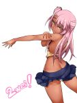  1girl bad_id bare_shoulders blush dark_skin fate/kaleid_liner_prisma_illya fate_(series) kuro_(fate/kaleid_liner) long_hair looking_at_viewer looking_back midriff miniskirt nac000 one_side_up panties pink_hair pleated_skirt side_ponytail simple_background skirt small_breasts smile solo tank_top underwear white_background yellow_eyes 