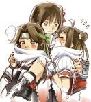  3girls blush brown_eyes brown_hair closed_eyes elbow_gloves gloves group_hug hug jintsuu_(kantai_collection) kantai_collection long_hair mori_(unknown.) multiple_girls naka_(kantai_collection) scarf school_uniform sendai_(kantai_collection) serafuku shared_scarf short_hair smile steam sweat two_side_up 