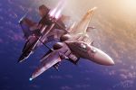  2boys afterburner airplane clouds commentary_request condensation_trail f-15 fighter_jet flying from_above japan_air_self-defense_force jet missile multiple_boys original pilot signature zephyr164 