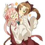  2girls akigumo_(kantai_collection) brown_hair emu_(eomou) glasses green_eyes kantai_collection makigumo_(kantai_collection) multiple_girls open_mouth pink_hair ponytail puckered_lips sleeves_past_wrists star sweatdrop v w 