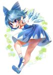  &gt;:d 1girl :d bent_over blue_eyes blue_hair bow cirno hair_bow hair_ribbon looking_at_viewer mary_janes open_mouth ribbon shoes short_hair smile solo touhou uruha_(yw1109) v wings 