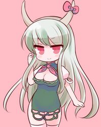  1girl :&gt; alternate_costume blush_stickers breasts cleavage ex-keine green_hair horn_ribbon horns kamishirasawa_keine long_hair looking_at_viewer marshmallow_mille red_eyes ribbon simple_background smile solo touhou 