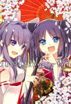  2girls animal_ears blue_eyes cat_ears cherry_blossoms clannad company_connection crossover detached_sleeves fang flower fujibayashi_kyou japanese_clothes key_(company) kimono laughing little_busters!! long_hair multiple_girls purple_hair sasasegawa_sasami takumi_(scya) twintails umbrella violet_eyes 