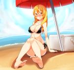  1girl barefoot beach bikini blonde_hair cooler karaage_(ta-na) long_hair original sitting sky solo swimsuit umbrella water yellow_eyes 