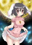  1girl alternate_breast_size animal_ears black_hair blush breasts carrot dress dress_lift full_moon inaba_tewi jewelry large_breasts licking_lips moon necklace pendant pink_dress puffy_short_sleeves puffy_sleeves rabbit_ears short_sleeves smile solo touhou unushi 