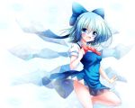  1girl :d blue_dress blue_eyes blue_hair bow cirno commentary dress hair_bow ice ice_wings open_mouth osashin_(osada) puffy_short_sleeves puffy_sleeves shirt short_sleeves smile solo standing_on_one_leg touhou wind_lift wings 