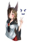  &gt;:) 1girl animal_ears blush brooch brown_hair dress fingernails hair_over_one_eye imaizumi_kagerou jewelry long_hair long_sleeves looking_at_viewer red_eyes simple_background smile solo tosuta touhou white_background wolf_ears 
