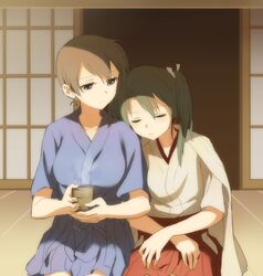  2girls black_hair brown_eyes brown_hair closed_eyes hair_ribbon head_on_shoulder japanese_clothes kaga_(kantai_collection) kantai_collection kisetsu leaning multiple_girls ribbon side_ponytail sleeping tea twintails zuikaku_(kantai_collection) 