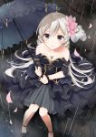  1girl bare_shoulders blue_eyes collarbone dress drill_hair frilled_dress frills hair_ornament highres holding long_hair looking_at_viewer original petals rain silver_hair sitting solo twin_drills umbrella yon_(letter) 