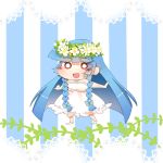  1girl 3000_xiao_chun :d blue_hair bow braid chibi flower flower_on_head hair_bow hair_ribbon highres long_hair looking_at_viewer open_mouth original outstretched_arms ribbon smile solo spread_arms twin_braids 