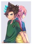  2boys back-to-back battle_eleven best_eleven blue_eyes blue_hair brown_hair inazuma_eleven_(series) inazuma_eleven_choujigen_dream_match inazuma_eleven_go inazuma_eleven_go_galaxy kirino_ranmaru long_hair looking_back maian male matatagi_hayato multicolored_hair multiple_boys pink_hair short_hair simple_background soccer_uniform sportswear twintails two-tone_hair 