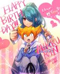  2boys aqua_eyes crossover earth_eleven english hair_over_one_eye happy_birthday heart highres inazuma_eleven inazuma_eleven_(series) inazuma_eleven_go inazuma_japan kazemaru_ichirouta long_hair maian male minaho_kazuto multiple_boys open_mouth orange_hair pants ponytail red_eyes short_hair thumbs_up track_jacket track_pants track_suit v 