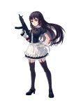  1girl apron bow fkey full_body garter_straps gloves gun hand_on_hip highres long_hair looking_at_viewer maid original purple_hair skirt solo standing thigh-highs violet_eyes weapon white_background white_gloves zettai_ryouiki 