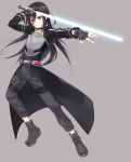  1boy black_eyes black_hair boots breastplate energy_sword fingerless_gloves gloves grey_background kirito kirito_(sao-ggo) long_hair pose simple_background sword sword_art_online tette trap weapon 