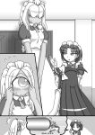  /\/\/\ 4girls apron comic commentary cyclops elza_straherz eye_beam flying_sweatdrops gameplay_mechanics hair_over_one_eye highres maid maid_apron maid_headdress monochrome multiple_girls one-eyed original puffy_short_sleeves puffy_sleeves rakurakutei_ramen ran_straherz short_sleeves silent_comic silver_hair surprised two_side_up wavy_mouth 