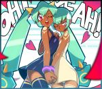  2girls aqua_hair artist_name bare_shoulders blush bracelet dark_skin flat_chest heart holding_hands jewelry long_hair multiple_girls panties pantyshot pantyshot_(standing) red_eyes rockman rockman_dash rog_rockbe sera_(rockman_dash) short_hair siblings sisters standing sweatdrop tattoo thighhighs twins twintails underwear very_long_hair wink yuna_(rockman_dash) zettai_ryouiki 