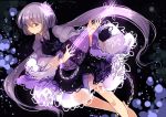  1girl biwa_lute chain dress flower hair_flower hair_ornament instrument long_hair long_sleeves lute_(instrument) musical_note parody purple_dress purple_hair solo style_parody touhou tsukumo_benben twintails very_long_hair violet_eyes wide_sleeves yetworldview_kaze 