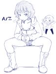  2girls aldnoah.zero amifumi_inko black_hair black_legwear breasts cleavage closed_eyes cutoffs hoodie looking_at_viewer monochrome mudou_eichi multiple_girls no_bra open_clothes open_shirt pantyhose rayet_areash school_uniform short_hair short_shorts shorts sitting sketch skirt spread_legs translated 