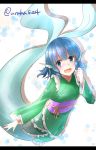  1girl :d blue_eyes blue_hair drill_hair head_fins highres japanese_clothes kimono looking_at_viewer mermaid monster_girl open_mouth short_hair sketch smile solo touhou twitter_username uruha_(yw1109) wakasagihime 