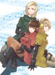  3girls android blonde_hair boots brown_eyes brown_hair coat connie_(freedom_wars) freedom_wars gloves headphones juu_ho leather_gloves multiple_girls opti_(freedom_wars) panna_(freedom_wars) pantyhose yellow_eyes 