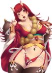  1girl bracer breasts bridal_gauntlets cleavage fangs garter_straps highres horns japanese_clothes jug large_breasts nail_polish navel navel_piercing obi oni open_mouth original panties piercing red_eyes redhead rico_(game00985) sakazuki sash single_glove solo underwear 