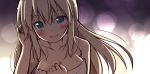  1girl bare_shoulders bismarck_(kantai_collection) blonde_hair blue_eyes breasts kantai_collection looking_at_viewer oota_yuuichi open_mouth solo sweat 