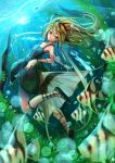  1girl blurry depth_of_field dress fish fish_tail in_water long_hair looking_at_viewer multicolored_hair original personification red_eyes submerged teko two-tone_hair 