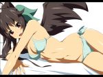  1girl aqua_bikini bikini bird_wings black_hair black_wings bow breasts cleavage hair_bow letterboxed long_sleeves lying navel on_side open_mouth ponytail red_eyes reiuji_utsuho shin&#039;ya_(nanp) side-tie_bikini smile solo swimsuit touhou wings 