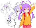  1girl ahoge antenna_hair arm_up backpack bag hair_ribbon instrument long_hair miyauchi_renge nnyu non_non_biyori open_mouth purple_hair randoseru recorder red_eyes ribbon skirt twintails 